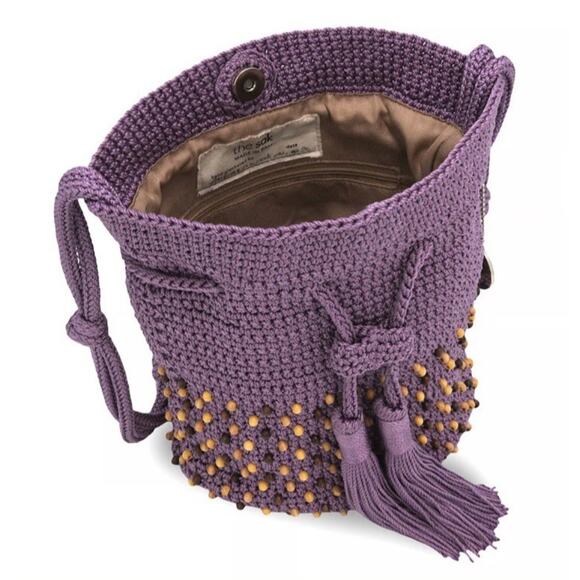 The SAK Back To Bali Beaded Hand Crochet Bucket Bag Crossbody Drawstring Purple - Picture 2 of 11